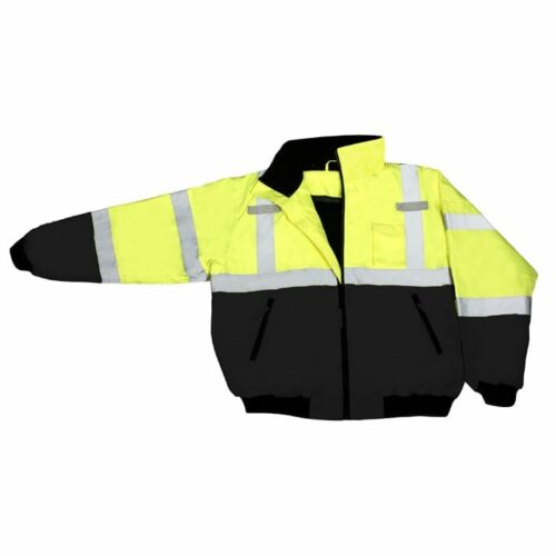 Radians SJ110B-3ZGS Two-in-One High Visibility Bomber Safety Jacket, Lime Green/Black, ANSI Type R Class 3 (flat view)