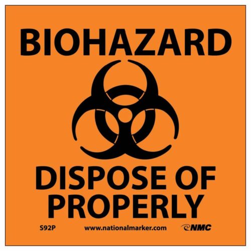 BIOHAZARD DISPOSE OF PROPERLY SIGN (W/GRAPHIC), 7" X 7"