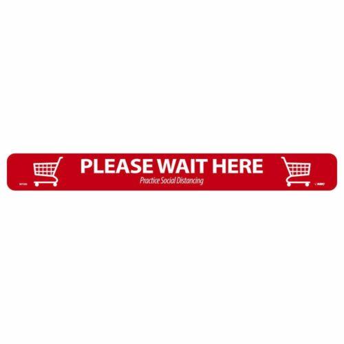 Please Wait Here Shopping Cart Floor Strip, Red on White, 2.25" x 20"